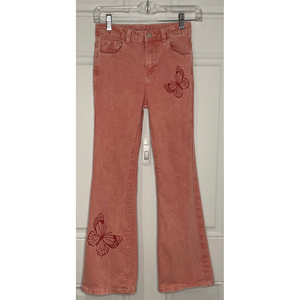 Shein Size 12Y Girls Coral Pink Butterfly Print Flare Jeans Y2K Denim
